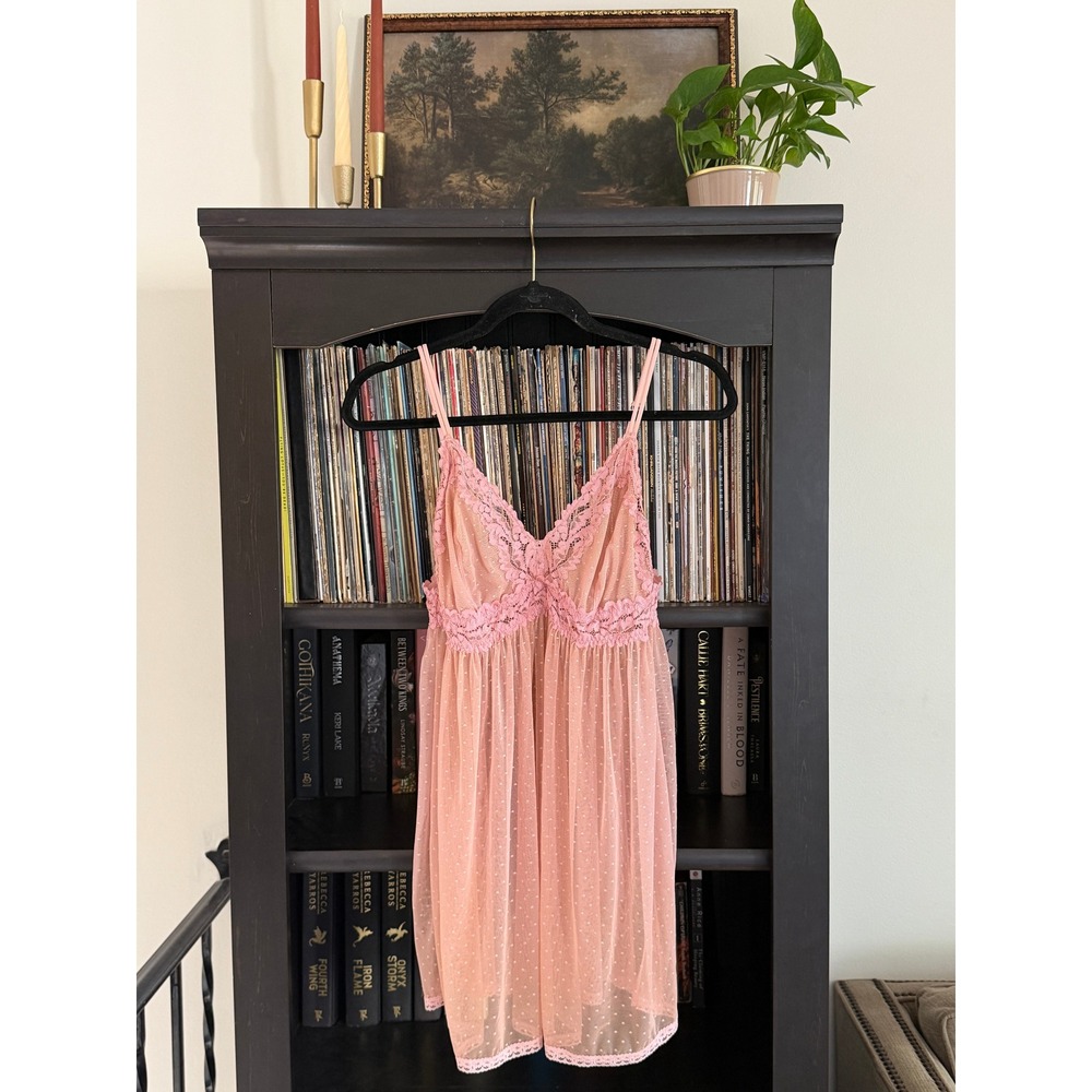 Savage X Fenty Babydoll Women 1X Pink Lace Trim Sheer Swiss Dot Lingerie